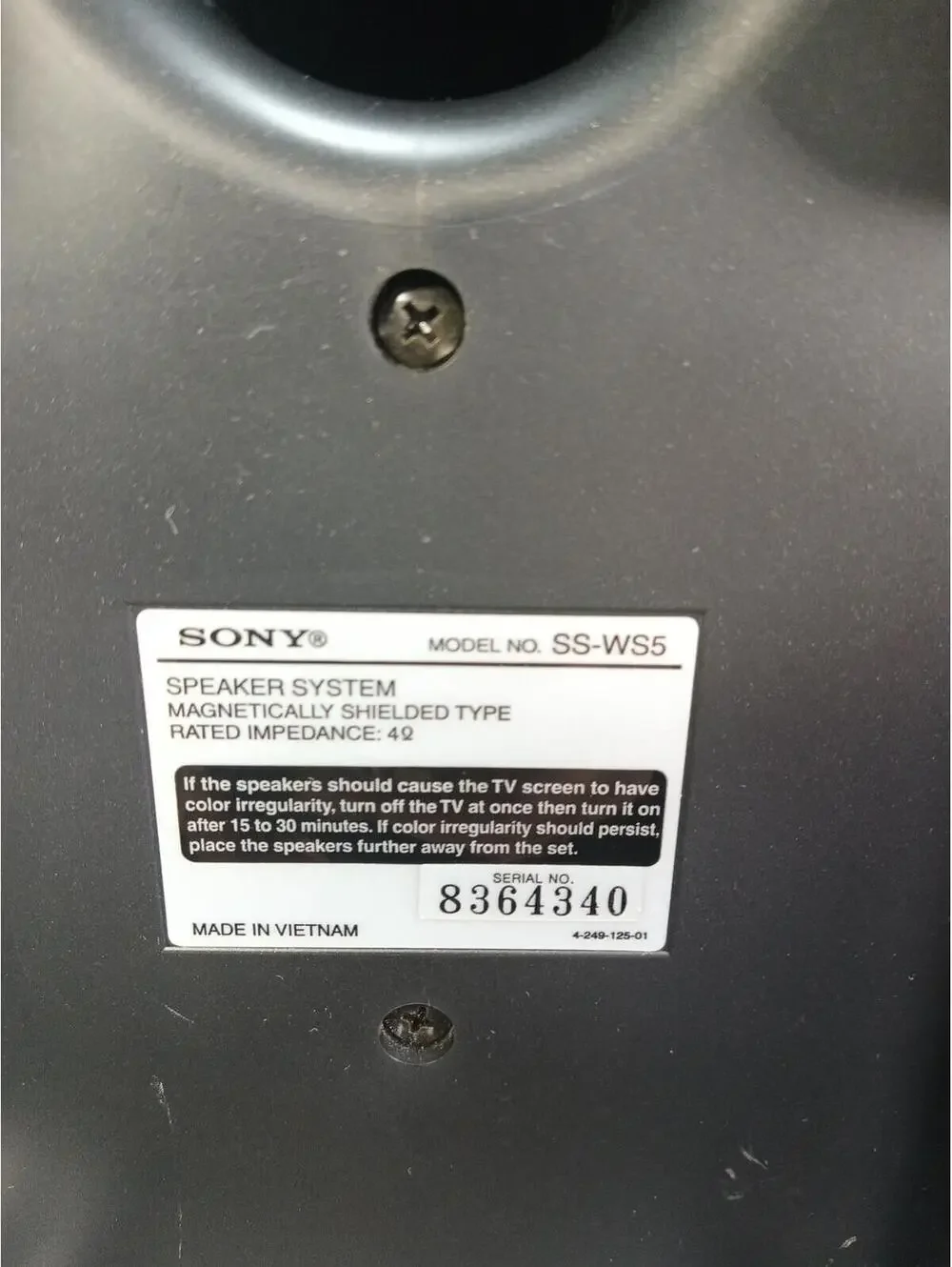 Sony SS-WS5 Speaker System Subwoofer 4 Ohm Passive Bass Reflex